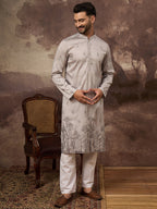 Men Grey Silk Blend Solid Embroidered Straight Kurta and Trouser-MKSET1335