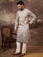 Men Grey Silk Blend Solid Embroidered Straight Kurta and Trouser-MKSET1335