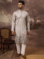 Men Grey Silk Blend Solid Embroidered Straight Kurta and Trouser-MKSET1335