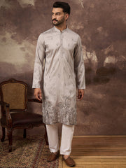 Men Grey Silk Blend Solid Embroidered Straight Kurta and Trouser-MKSET1335