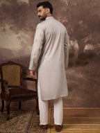 Men Grey Silk Blend Solid Embroidered Straight Kurta and Trouser-MKSET1335
