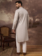 Men Grey Silk Blend Solid Embroidered Straight Kurta and Trouser-MKSET1335