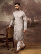 Men Grey Silk Blend Solid Embroidered Straight Kurta and Trouser-MKSET1335