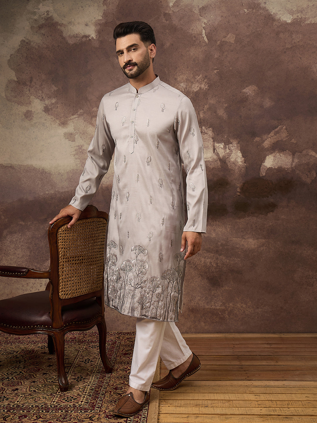 Men Grey Silk Blend Solid Embroidered Straight Kurta and Trouser-MKSET1335