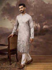 Men Grey Silk Blend Solid Embroidered Straight Kurta and Trouser-MKSET1335