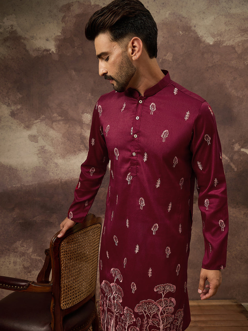 Men Maroon Silk Blend Solid Embroidered Straight Kurta and Trouser-MKSET1336