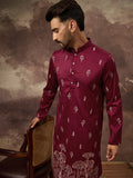 Men Maroon Silk Blend Solid Embroidered Straight Kurta and Trouser-MKSET1336