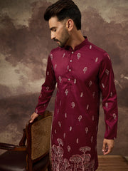 Men Maroon Silk Blend Solid Embroidered Straight Kurta and Trouser-MKSET1336