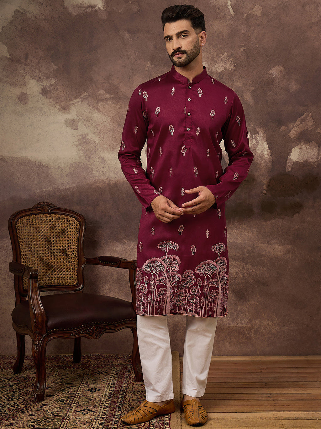 Men Maroon Silk Blend Solid Embroidered Straight Kurta and Trouser-MKSET1336