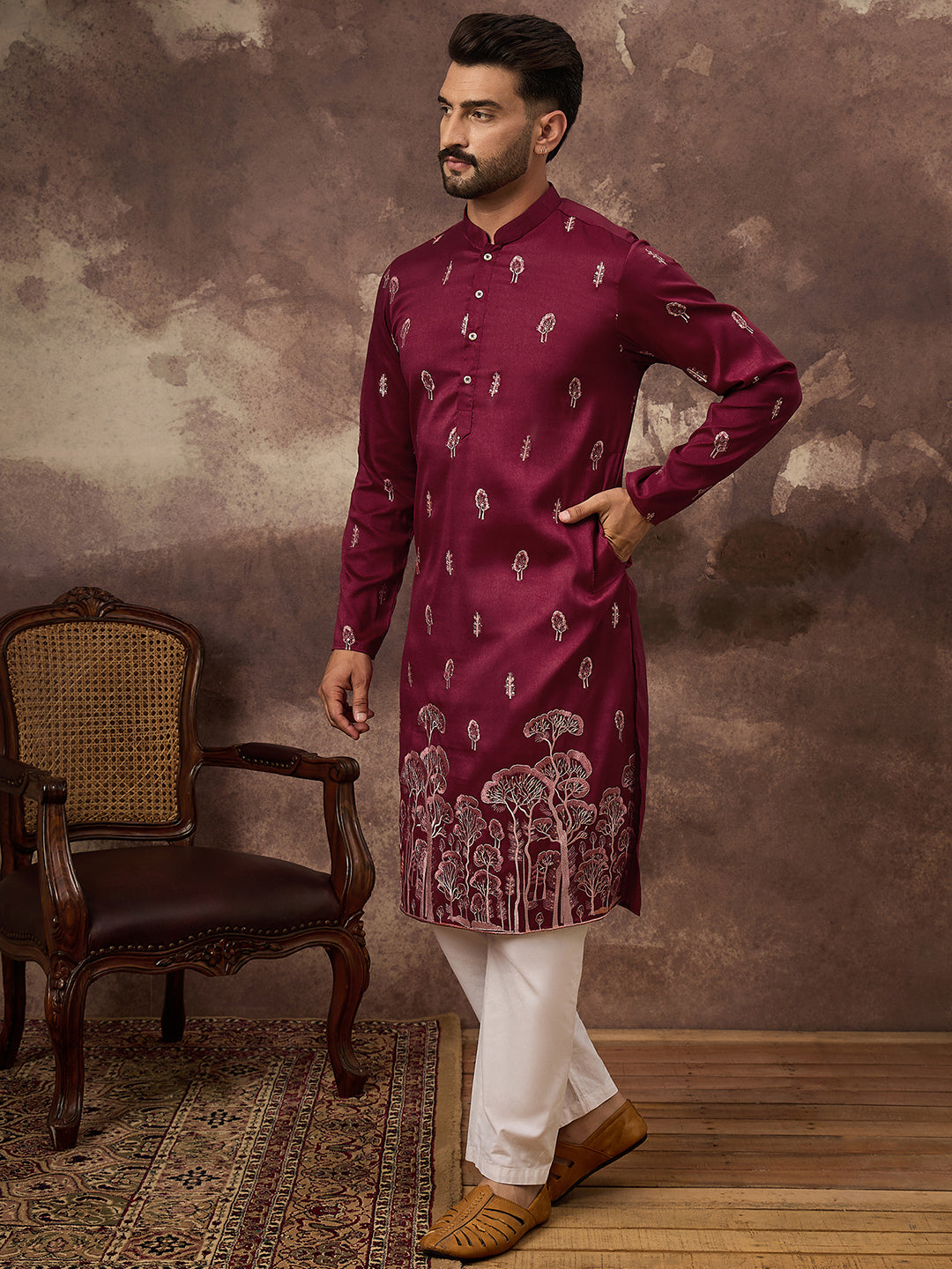 Men Maroon Silk Blend Solid Embroidered Straight Kurta and Trouser-MKSET1336