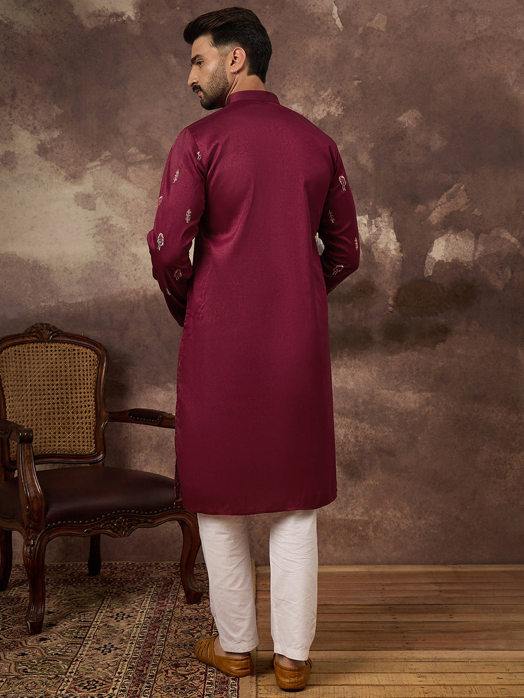Men Maroon Silk Blend Solid Embroidered Straight Kurta and Trouser-MKSET1336