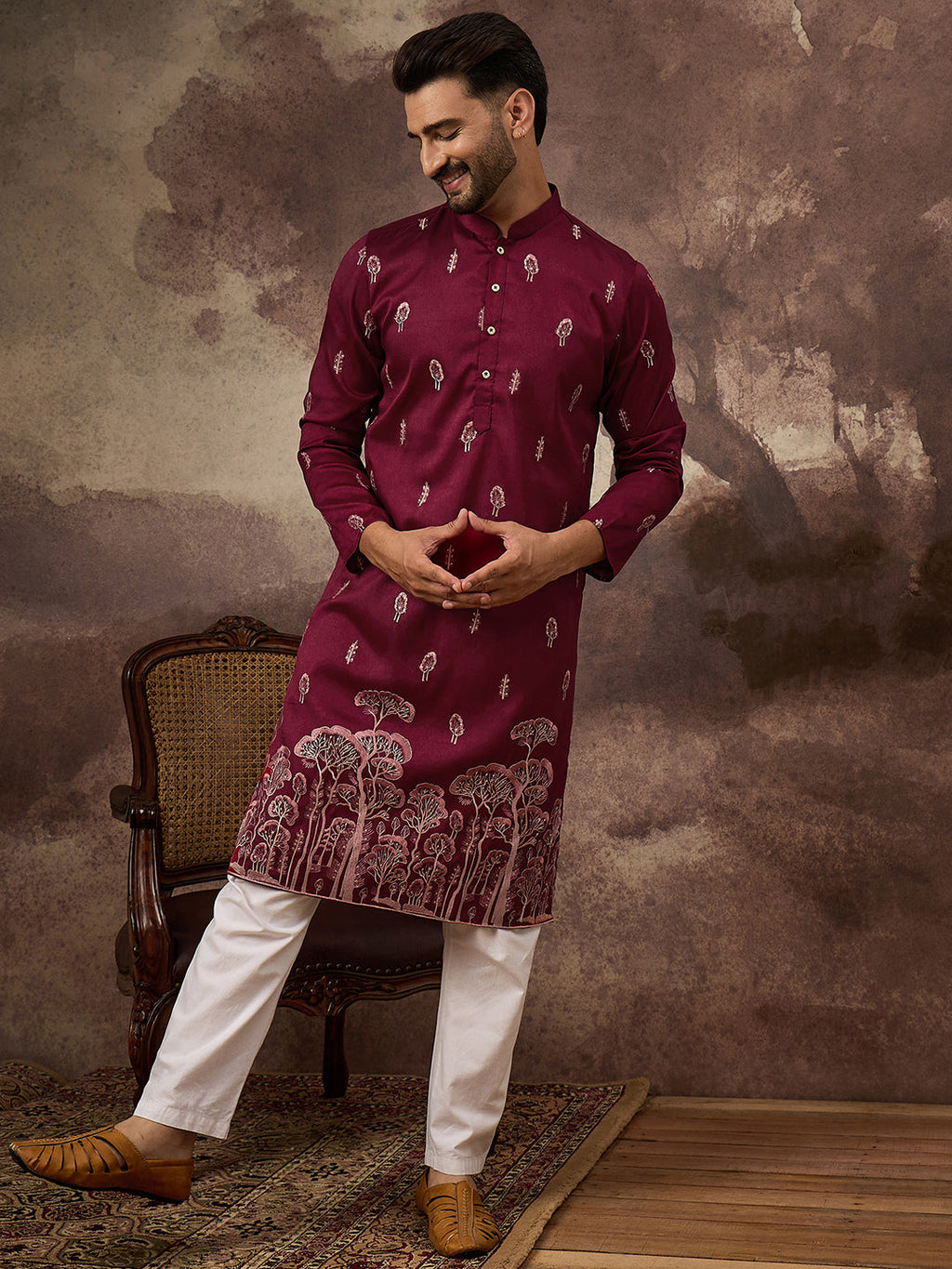 Men Maroon Silk Blend Solid Embroidered Straight Kurta and Trouser-MKSET1336