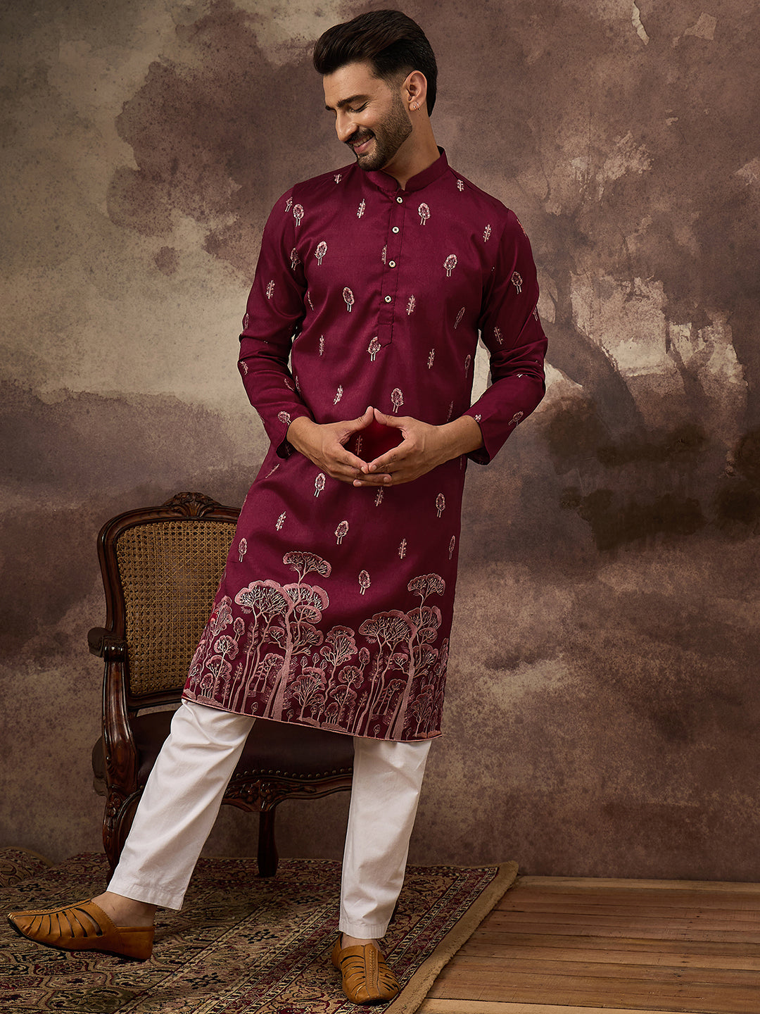 Men Maroon Silk Blend Solid Embroidered Straight Kurta and Trouser-MKSET1336