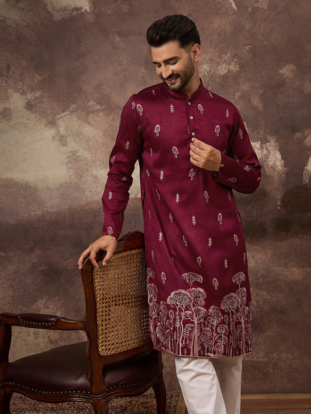 Men Maroon Silk Blend Solid Embroidered Straight Kurta and Trouser-MKSET1336