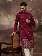 Men Maroon Silk Blend Solid Embroidered Straight Kurta and Trouser-MKSET1336