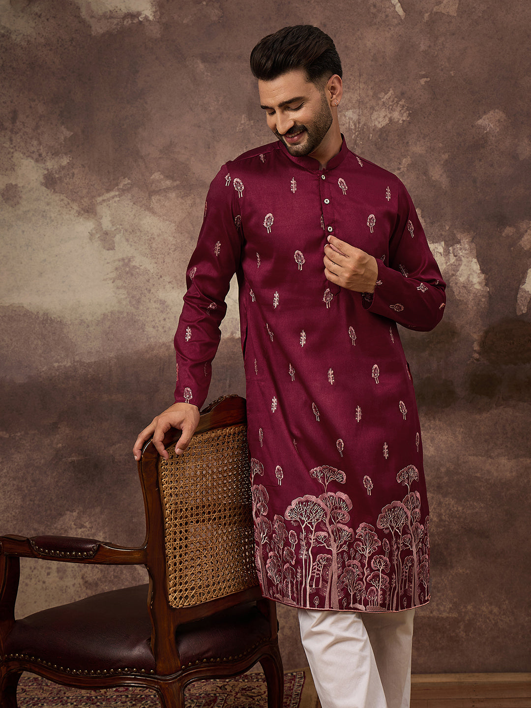 Men Maroon Silk Blend Solid Embroidered Straight Kurta and Trouser-MKSET1336