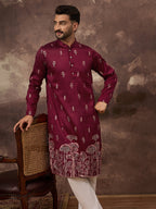 Men Maroon Silk Blend Solid Embroidered Straight Kurta and Trouser-MKSET1336