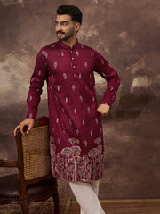 Men Maroon Silk Blend Solid Embroidered Straight Kurta and Trouser-MKSET1336
