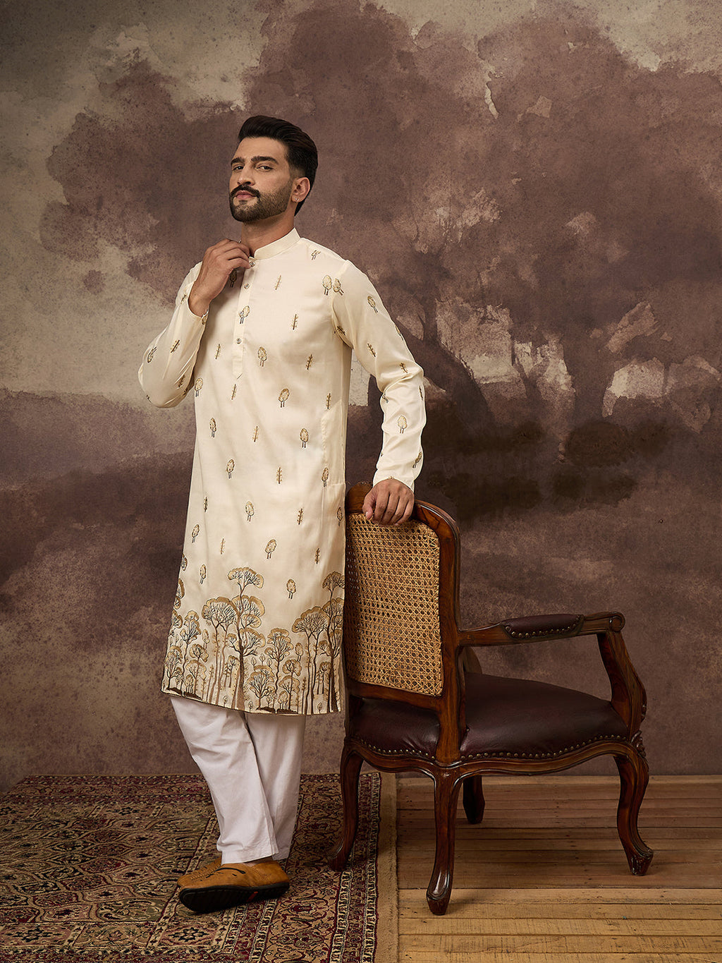 Men White Silk Blend Solid Embroidered Straight Kurta and Trouser-MKSET1337