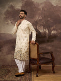 Men White Silk Blend Solid Embroidered Straight Kurta and Trouser-MKSET1337