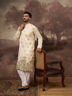 Men White Silk Blend Solid Embroidered Straight Kurta and Trouser-MKSET1337