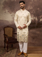 Men White Silk Blend Solid Embroidered Straight Kurta and Trouser-MKSET1337