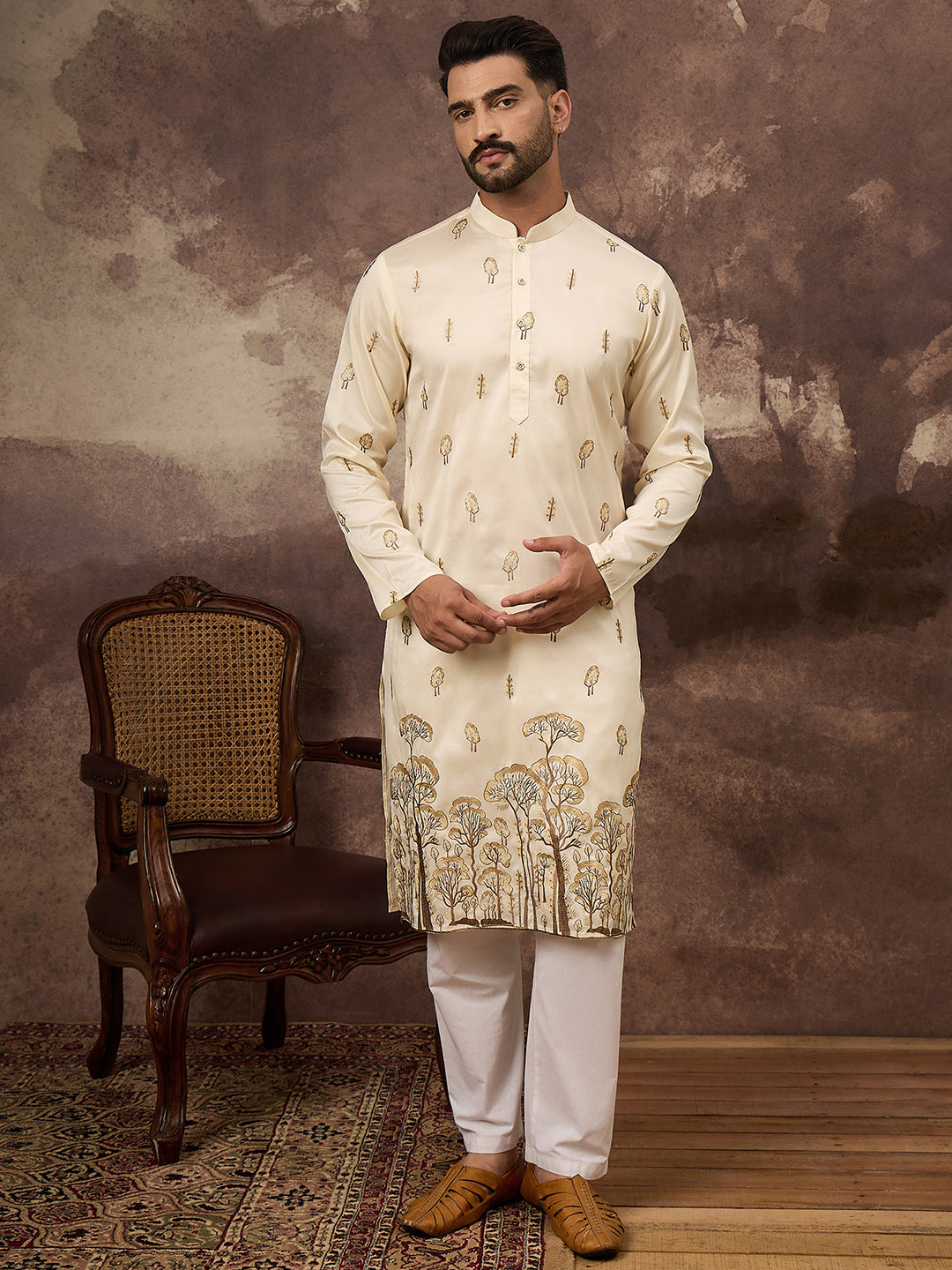 Men White Silk Blend Solid Embroidered Straight Kurta and Trouser-MKSET1337
