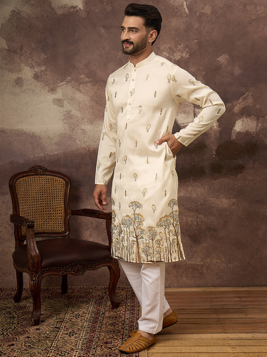 Men White Silk Blend Solid Embroidered Straight Kurta and Trouser-MKSET1337