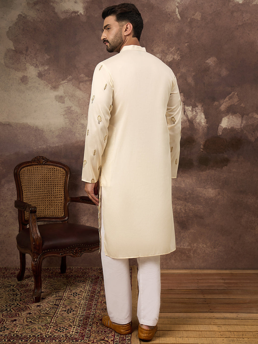 Men White Silk Blend Solid Embroidered Straight Kurta and Trouser-MKSET1337