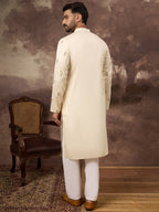Men White Silk Blend Solid Embroidered Straight Kurta and Trouser-MKSET1337