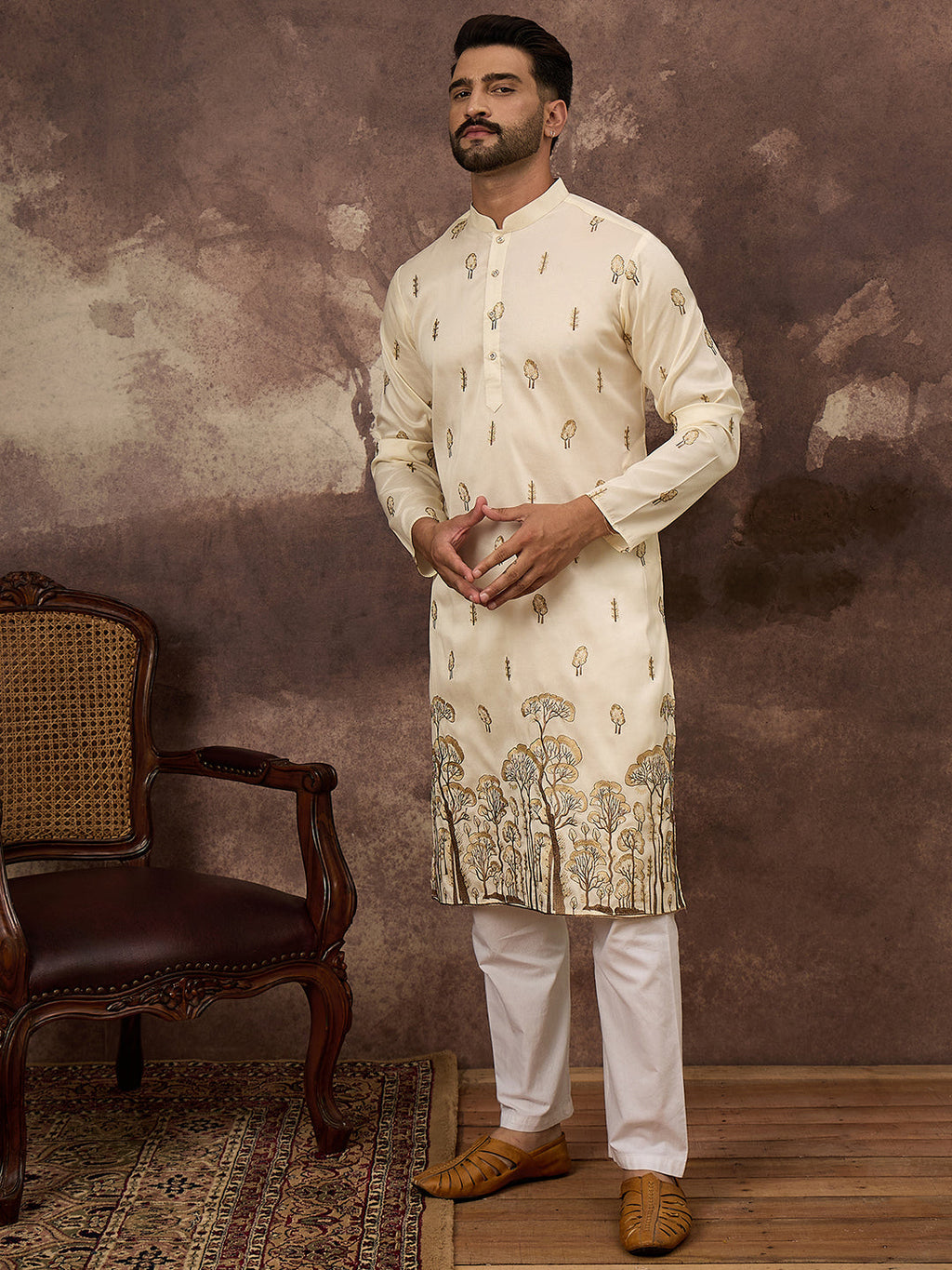 Men White Silk Blend Solid Embroidered Straight Kurta and Trouser-MKSET1337