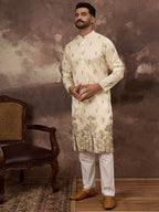 Men White Silk Blend Solid Embroidered Straight Kurta and Trouser-MKSET1337