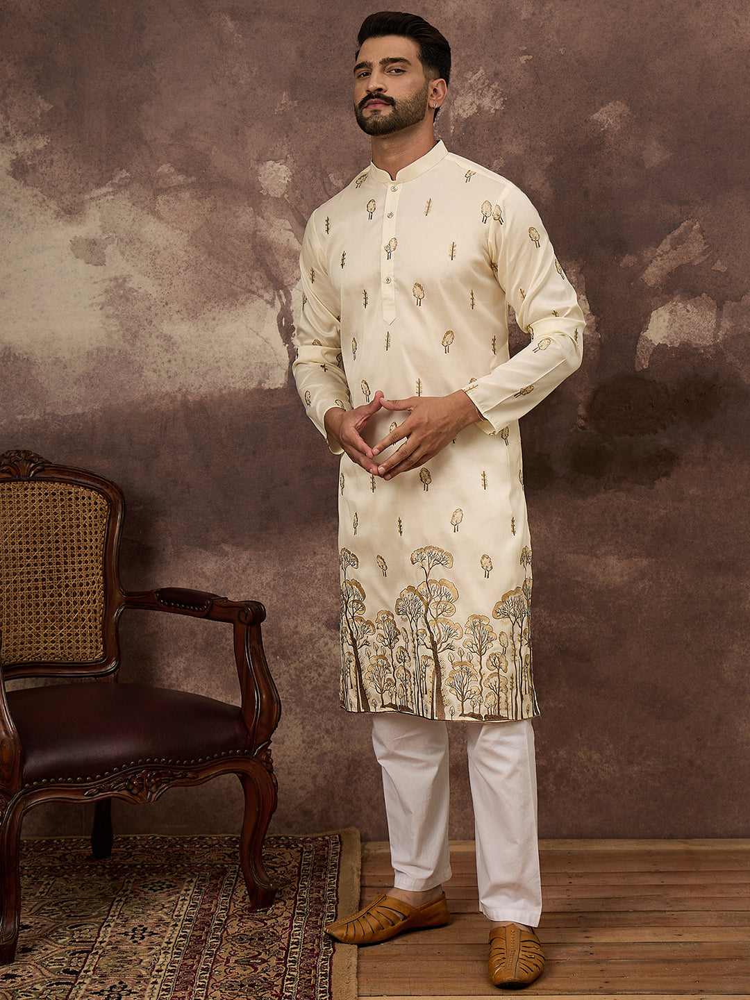 Men White Silk Blend Solid Embroidered Straight Kurta and Trouser-MKSET1337