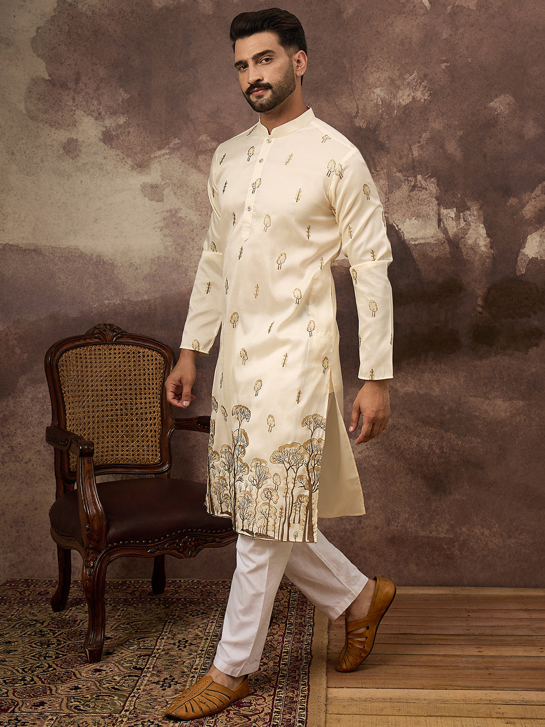 Men White Silk Blend Solid Embroidered Straight Kurta and Trouser-MKSET1337