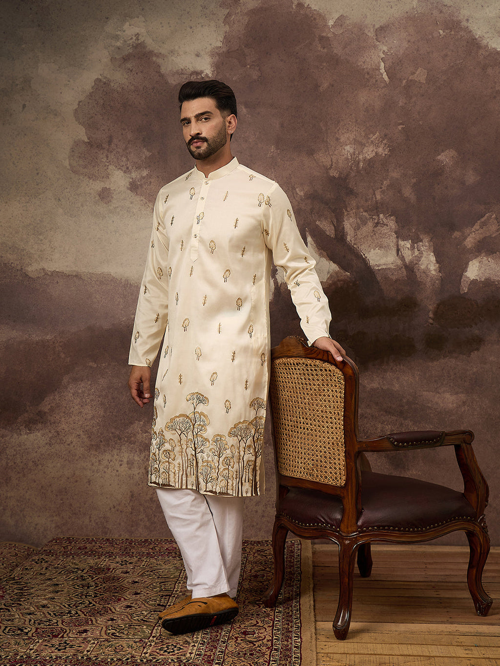 Men White Silk Blend Solid Embroidered Straight Kurta and Trouser-MKSET1337