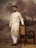 Men White Silk Blend Solid Embroidered Straight Kurta and Trouser-MKSET1337