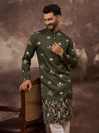 Men Green Silk Blend Solid Embroidered Straight Kurta and Trouser-MKSET1338