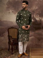 Men Green Silk Blend Solid Embroidered Straight Kurta and Trouser-MKSET1338