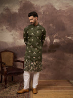 Men Green Silk Blend Solid Embroidered Straight Kurta and Trouser-MKSET1338