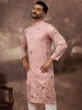 Men Peach Silk Blend Solid Embroidered Straight Kurta and Trouser-MKSET1339