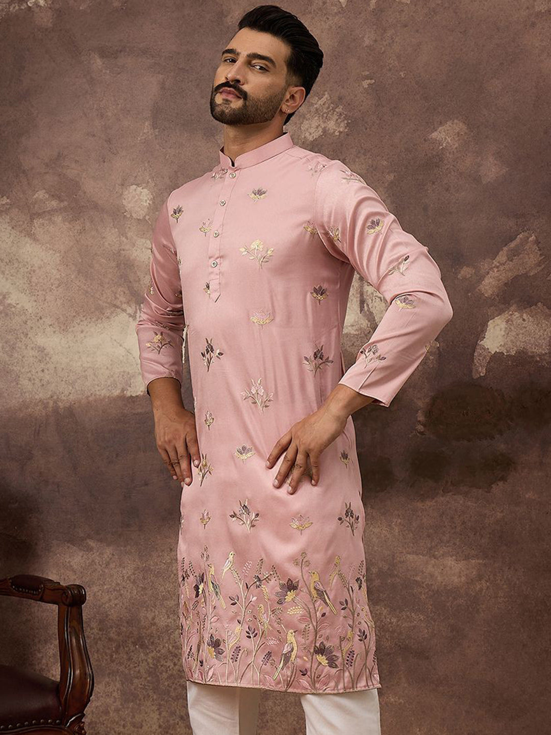 Men Peach Silk Blend Solid Embroidered Straight Kurta and Trouser-MKSET1339