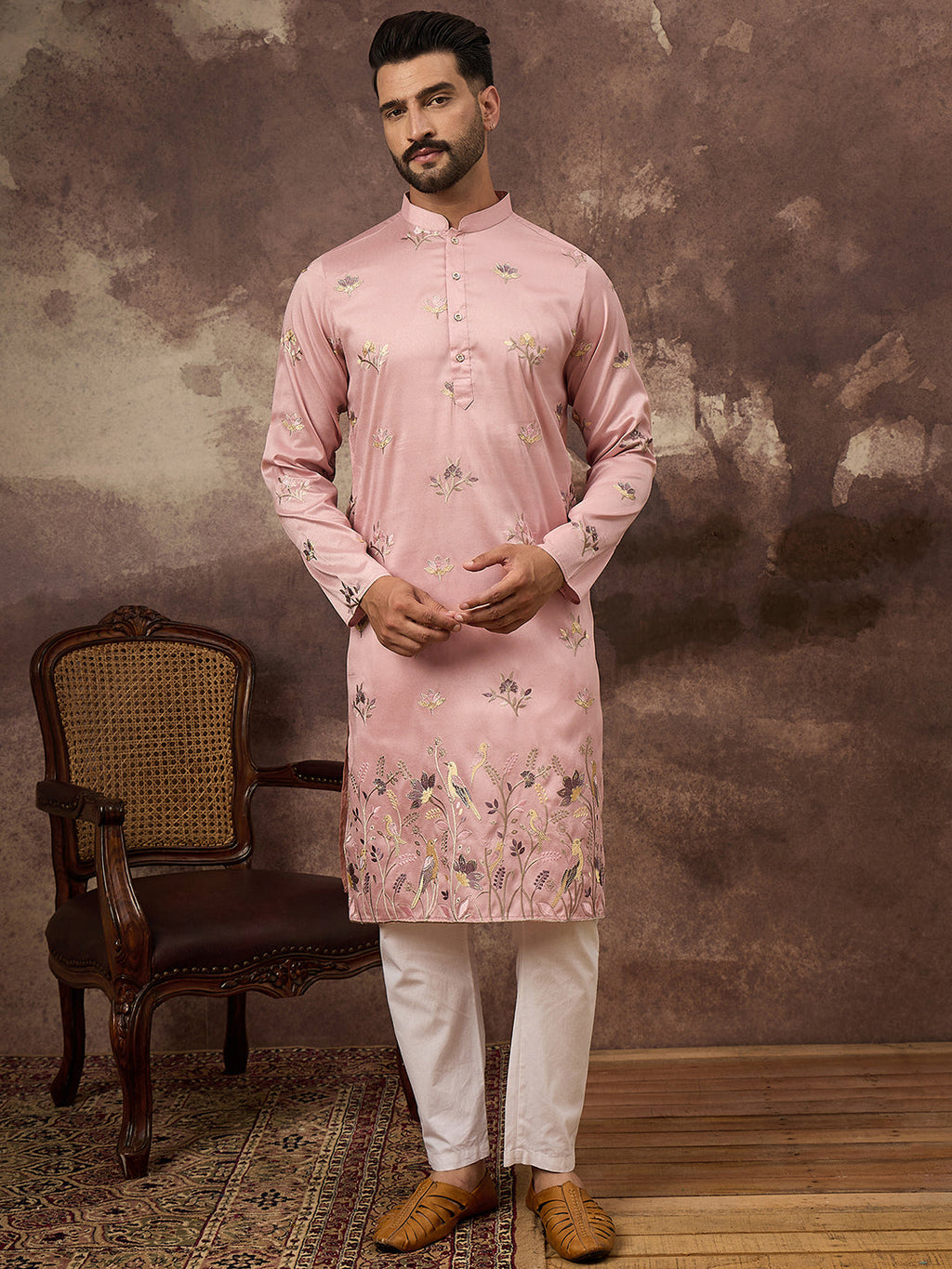 Men Peach Silk Blend Solid Embroidered Straight Kurta and Trouser-MKSET1339