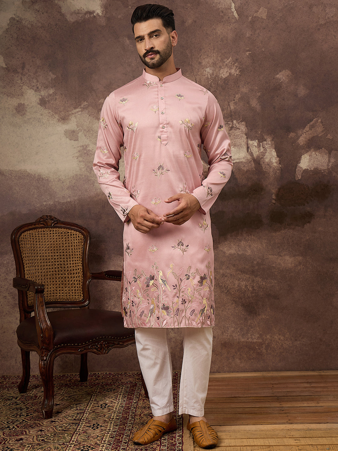 Men Peach Silk Blend Solid Embroidered Straight Kurta and Trouser-MKSET1339