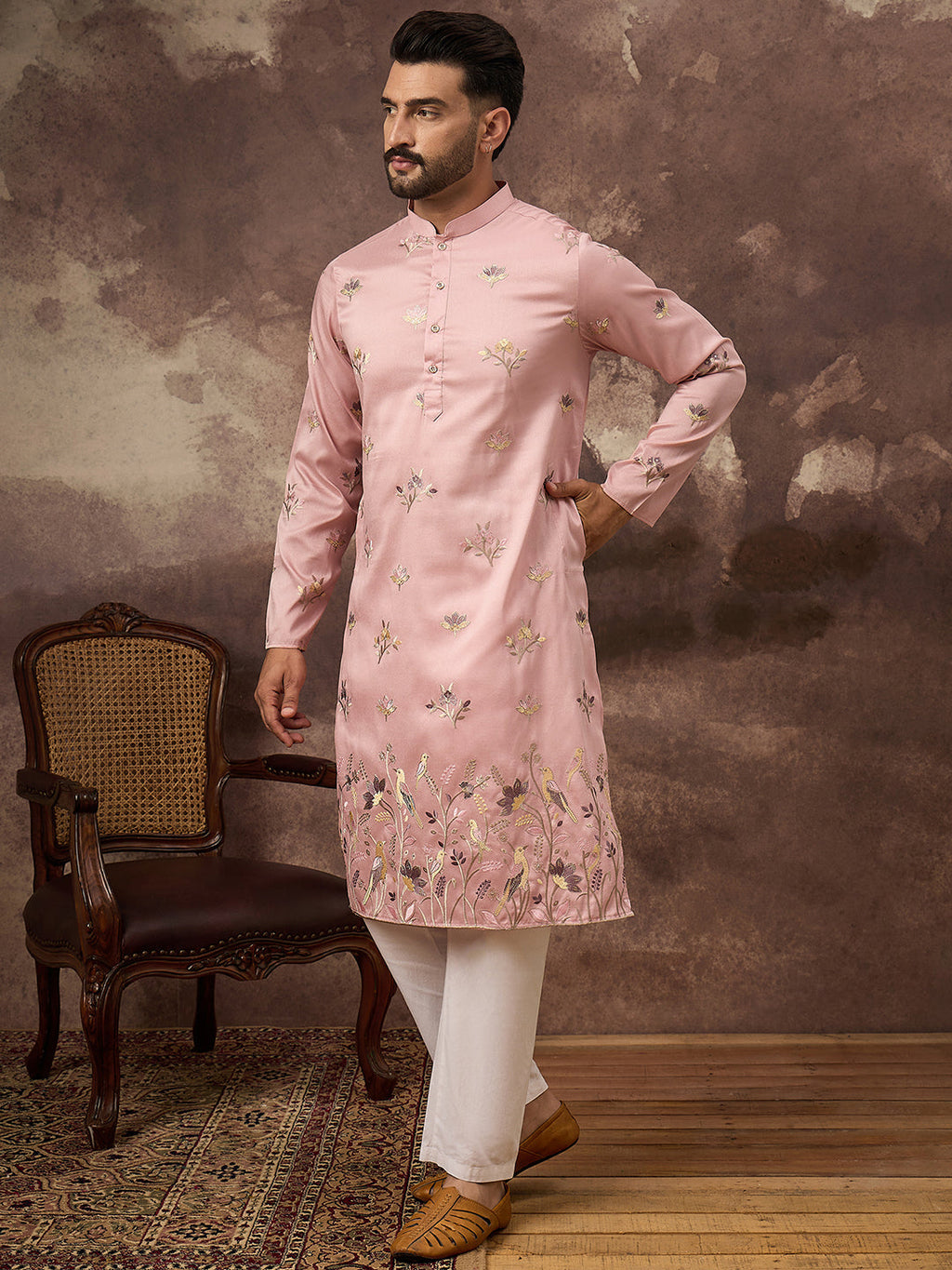 Men Peach Silk Blend Solid Embroidered Straight Kurta and Trouser-MKSET1339