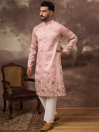 Men Peach Silk Blend Solid Embroidered Straight Kurta and Trouser-MKSET1339