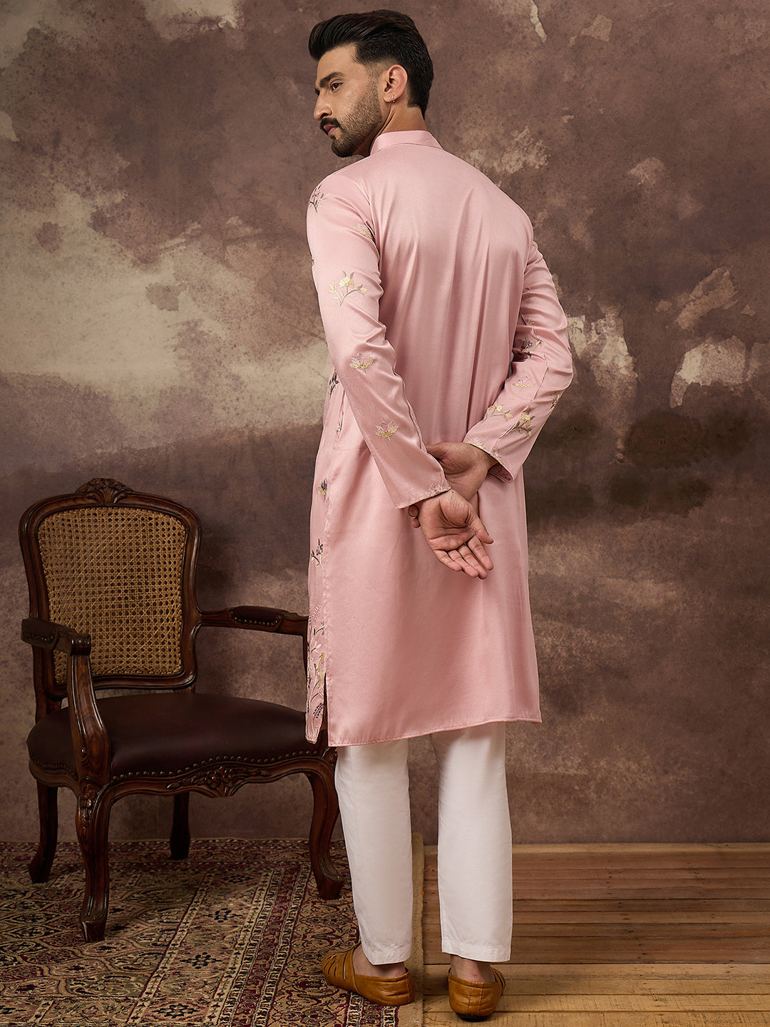 Men Peach Silk Blend Solid Embroidered Straight Kurta and Trouser-MKSET1339