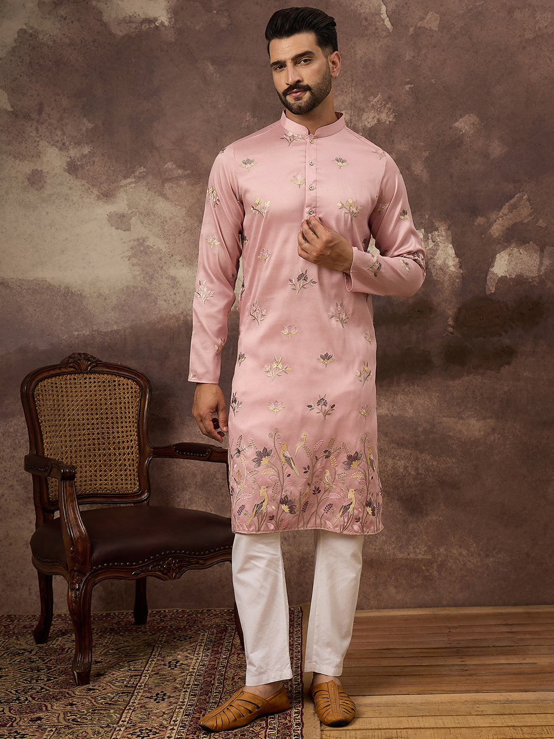 Men Peach Silk Blend Solid Embroidered Straight Kurta and Trouser-MKSET1339