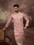 Men Peach Silk Blend Solid Embroidered Straight Kurta and Trouser-MKSET1339