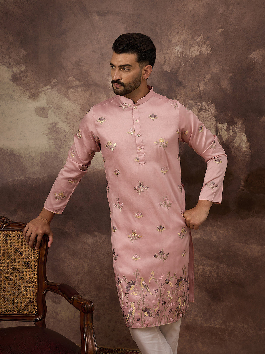 Men Peach Silk Blend Solid Embroidered Straight Kurta and Trouser-MKSET1339