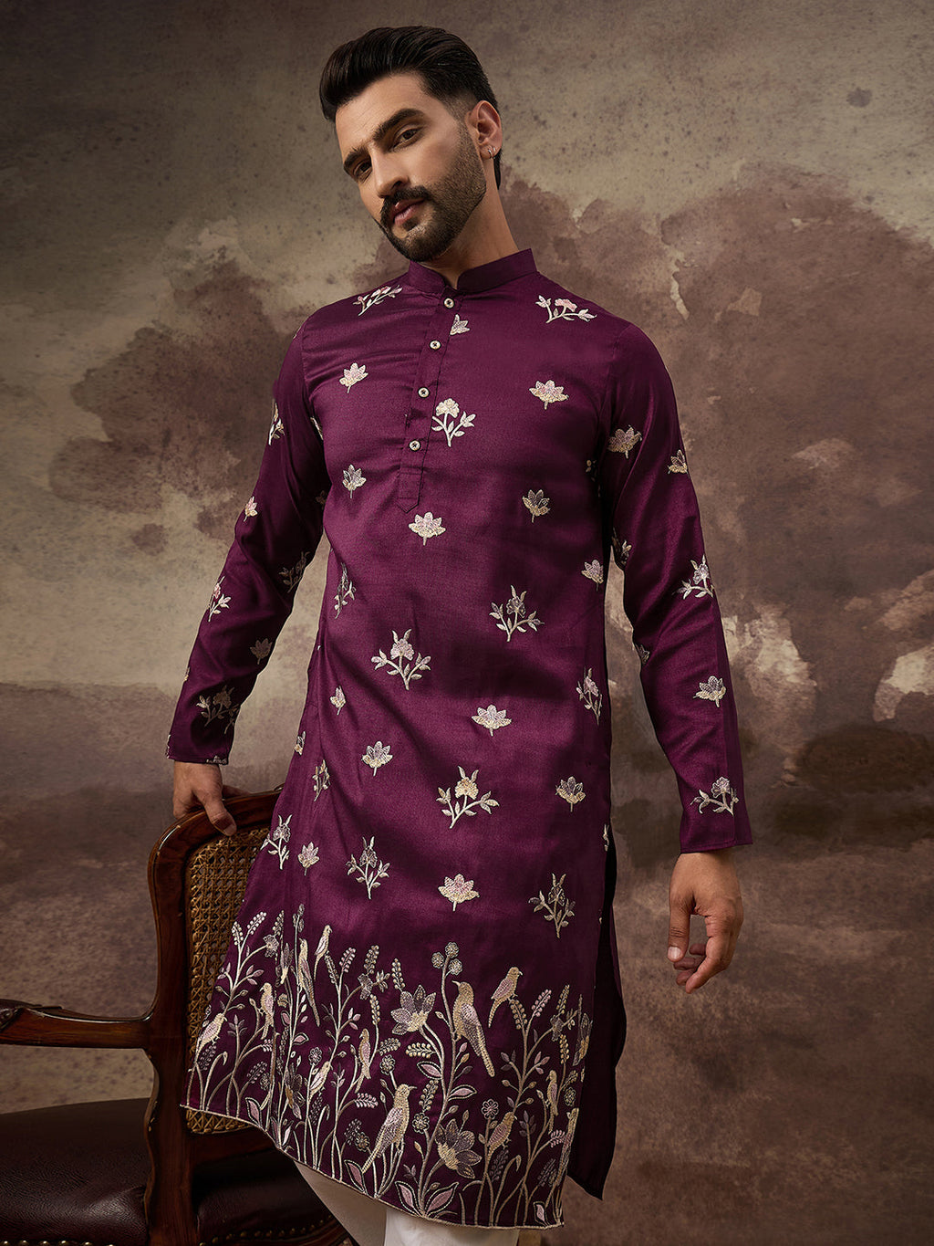 Men Purple Silk Blend Solid Embroidered Straight Kurta and Trouser-MKSET1340